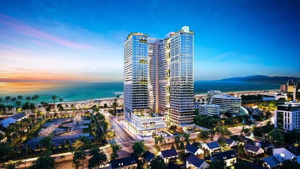 A high-rise hotel with multiple balconies, situated near a beach with a clear view of the ocean. - OLIU'S HOMESTAY - The Sóng Vũng Tàu (Ho Chi Minh City)