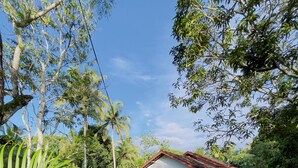 A small white house with a red roof, surrounded by lush greenery and trees. - Riverside Nature Haven Villa  (weligama)
