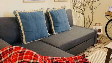 Una sala de estar con un sofá gris, dos almohadas azules, una manta a cuadros rojos y dos cuadros enmarcados en la pared.