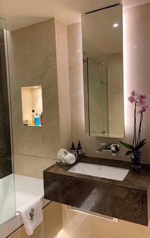 Hair dryer, towels, soap, toilet paper
