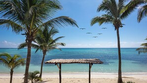 A beach with a thatched umbrella, palm trees, and a clear blue sky. - Mantaray Tulum (Tulum)