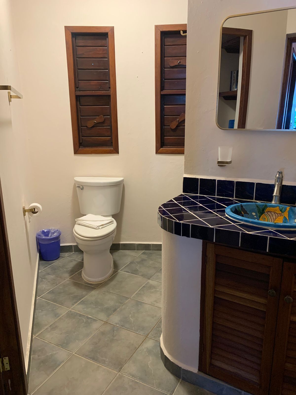 A bathroom with a toilet, a sink with a decorative basin, and wooden shutters on the walls.