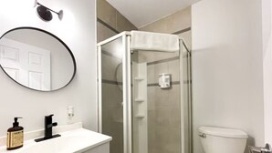 A bathroom with a glass-enclosed shower, a white toilet, and a sink with a mirror above it.