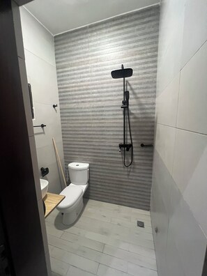 Douche, serviettes fournies, papier toilette