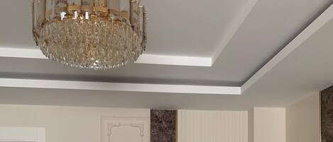 Desk, laptop workspace, blackout drapes, iron/ironing board