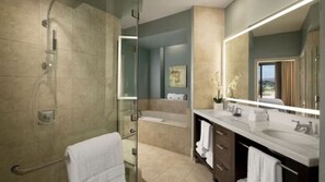 Jetted tub, hair dryer, towels, soap