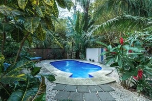 Un jardin à l’arrière de la maison, avec une piscine entourée d’une végétation tropicale luxuriante et délimitée par une clôture en bois.