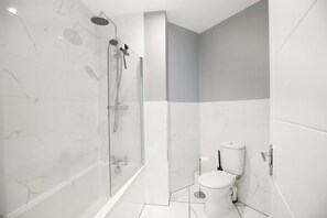 Hair dryer, towels, soap, toilet paper