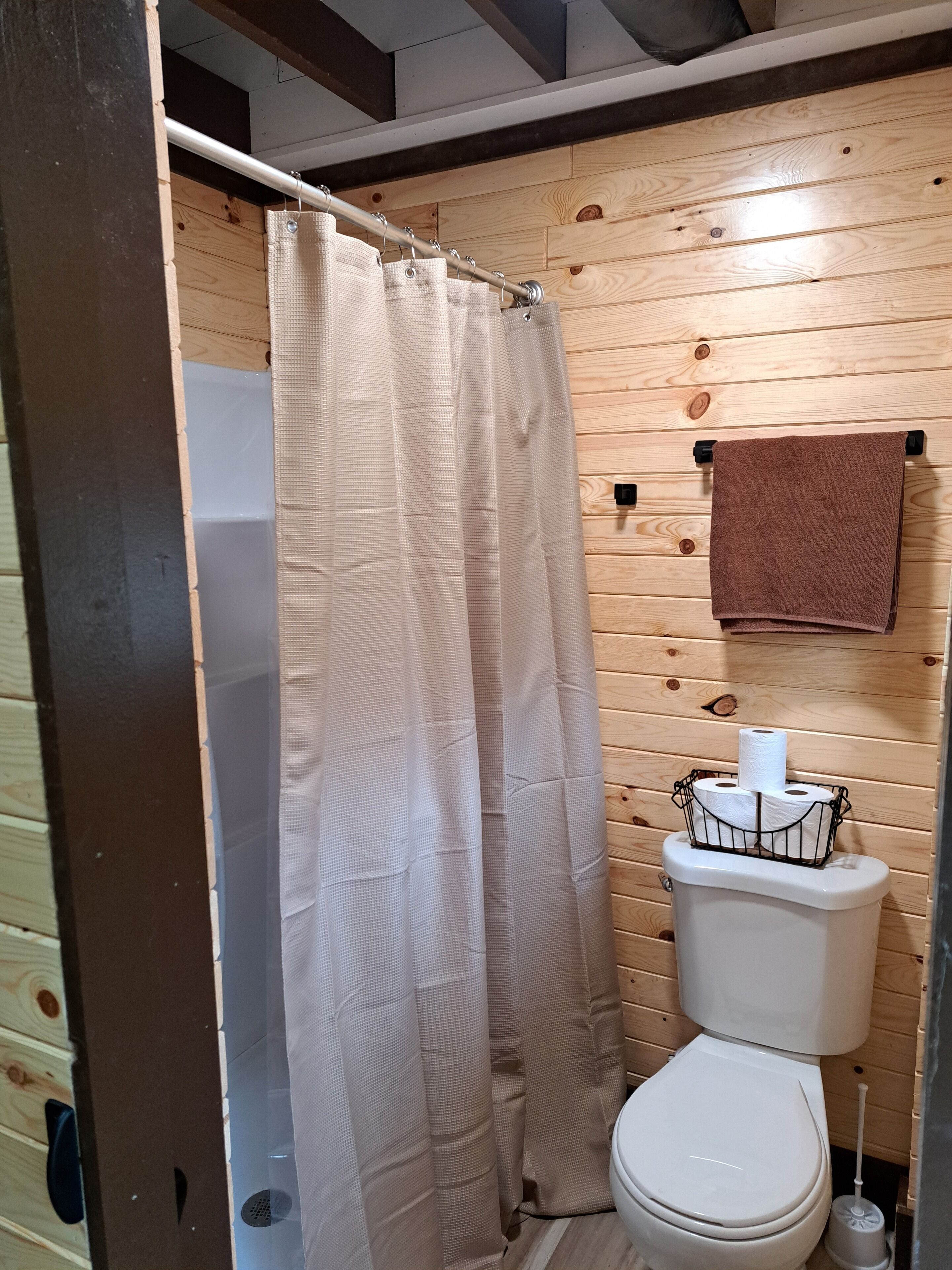 Shower, towels, soap, shampoo