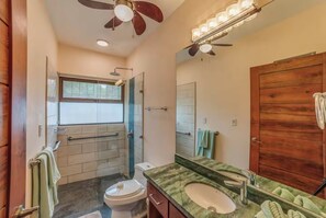 Shower, towels, soap, shampoo