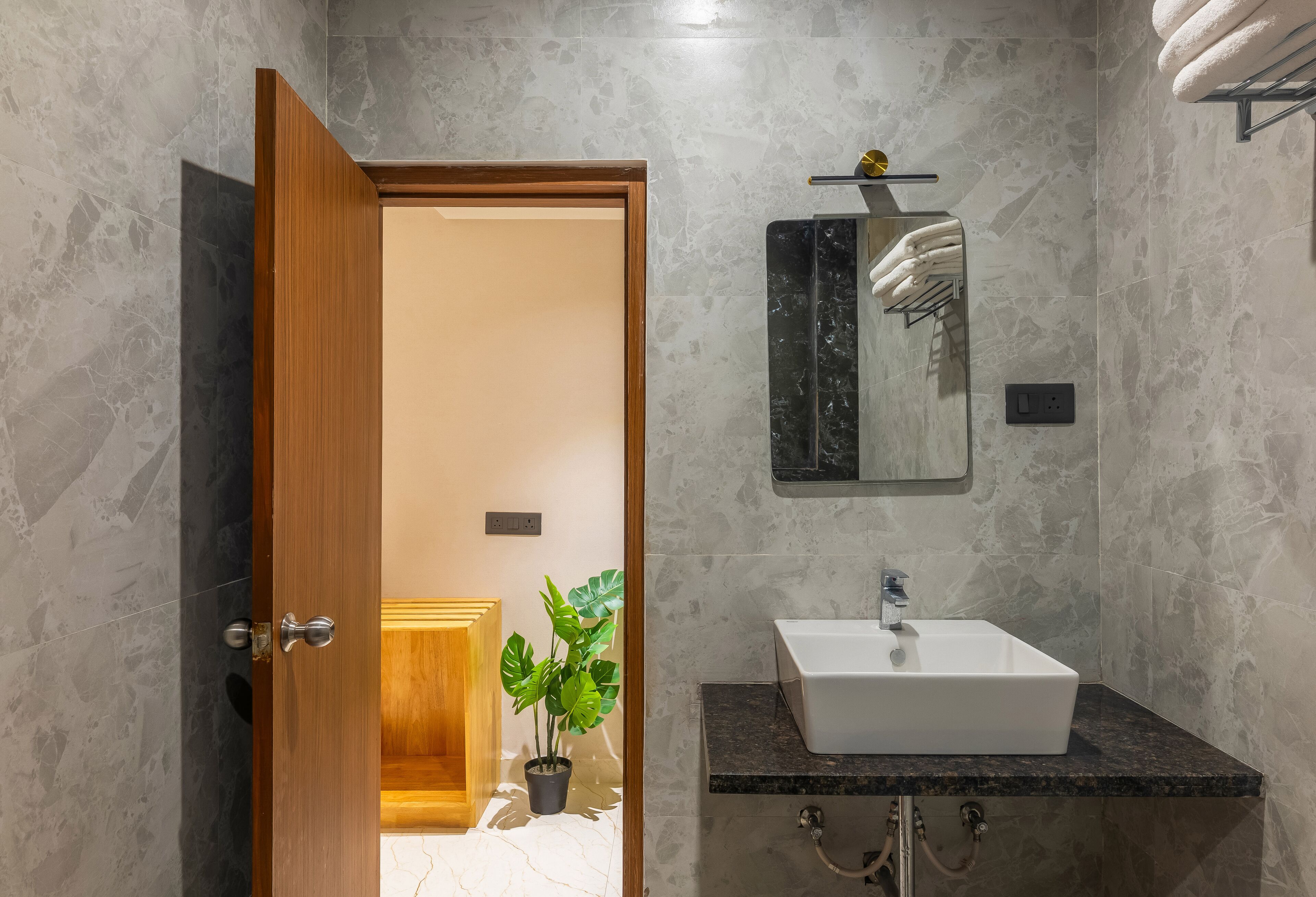 A bathroom with a wooden door, a potted plant, a white sink, and a towel rack.
