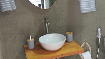 Shower, towels, soap, toilet paper