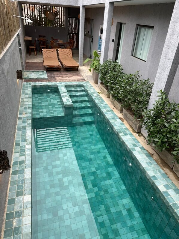 Una piscina con escalones de cerámica, rodeada por un muro de concreto y plantas en macetas.