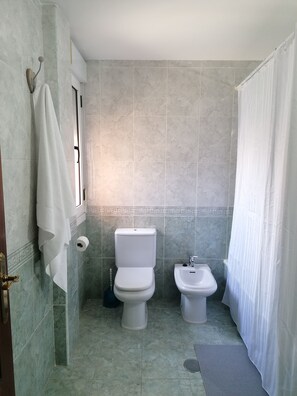 Secador de pelo, bidet, toallas, jabón