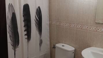 Hair dryer, bidet, towels, soap