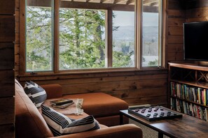 Smart TV, chimenea, libros, estéreo