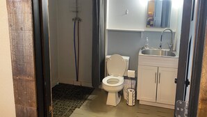Un baño con ducha, inodoro, lavabo y un espejo sobre el lavabo.