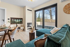 Smart TV, fireplace, video games, DVD player