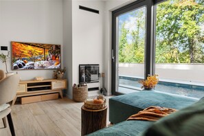 Smart TV, fireplace, video-game console, DVD player