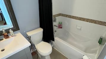Hair dryer, bidet, towels, soap
