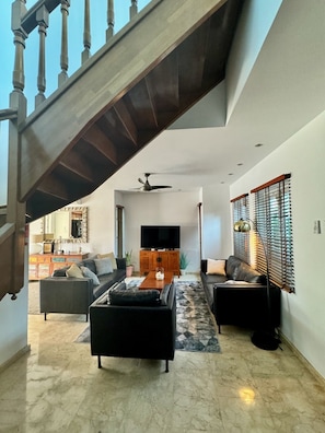 Smart TV, fireplace, stereo, printers
