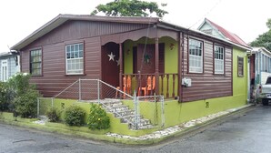 Une maison à deux étages, avec une façade verte et marron, un porche orné d’une étoile et un petit jardin agrémenté de plantes et de fleurs.