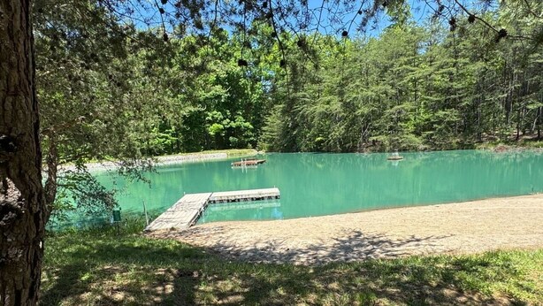 Un lac paisible avec une jetée en bois, entouré d’une forêt dense et sous un ciel dégagé.