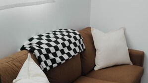 A brown sofa with two white pillows and a black and white checkered throw blanket. - Charming 1-bedroom house with AC and WiFi in Whittier (Whittier)