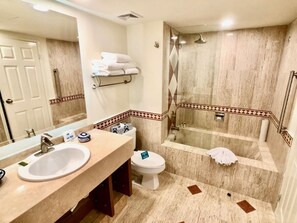 Hair dryer, towels, soap, shampoo