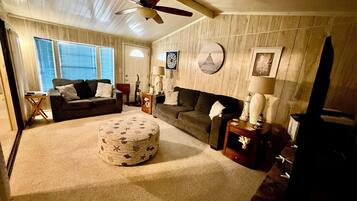 TV connectée, cheminée, livres, imprimantes