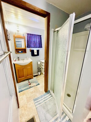 A bathroom with a shower, a sink, a mirror, and a towel rack. - Charming 2/2 waterfront farm home with tons of TV stations, WiFi, dock, & more (Spring Hill)