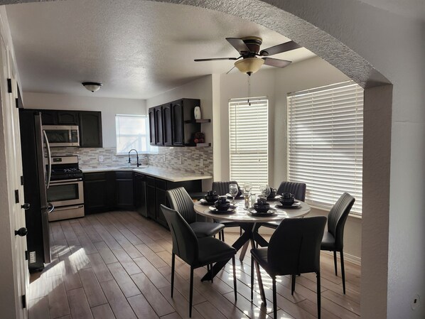 Fridge, microwave, oven, stovetop