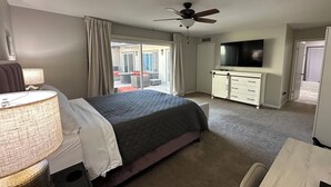 Une chambre d’hôtel équipée d’un lit, d’un bureau, d’une lampe, d’un ventilateur de plafond, d’une télévision et d’une porte-fenêtre coulissante donnant sur un espace extérieur.