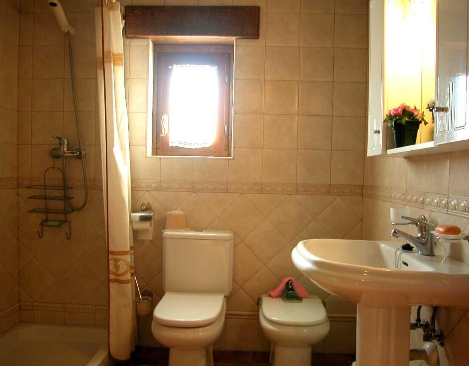 A bathroom with two toilets, a shower, a window, and a sink.