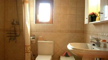 A bathroom with two toilets, a shower, a window, and a sink.