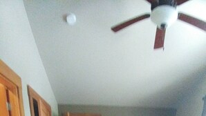 A bedroom with a large bed, wooden flooring, a ceiling fan, and a TV on the wall.