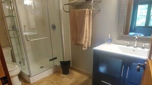 A modern bathroom with a glass shower enclosure, a toilet, a sink with a mirror, and a towel rack.
