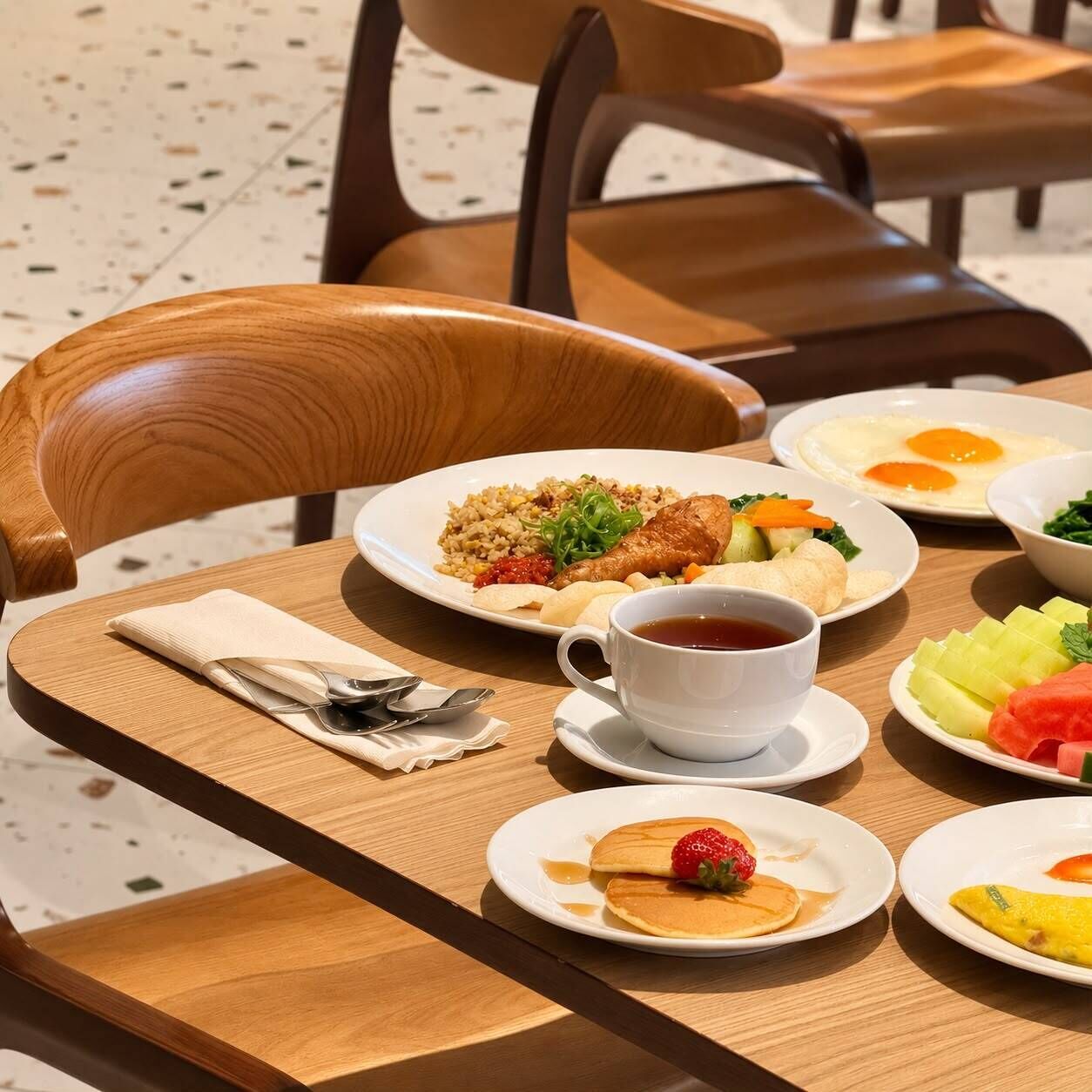 Une table à manger avec des assiettes remplies de nourriture, une tasse de thé et une serviette.