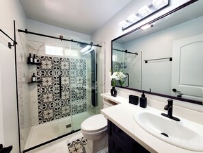 Regadera, secadora de cabello, bidet, toallas