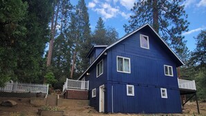 A two-story blue house with a white porch and a small deck, surrounded by tall trees.