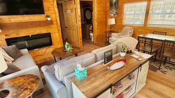 TV, fireplace, DVD player, books