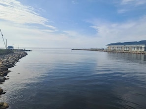 A calm waterfront with a rocky shoreline, a white van, and a row of buildings with a flat roof.