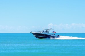 A speedboat on a clear blue sea.