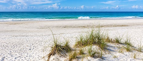 A beach with white sand and sparse grass, leading to the ocean under a clear sky.