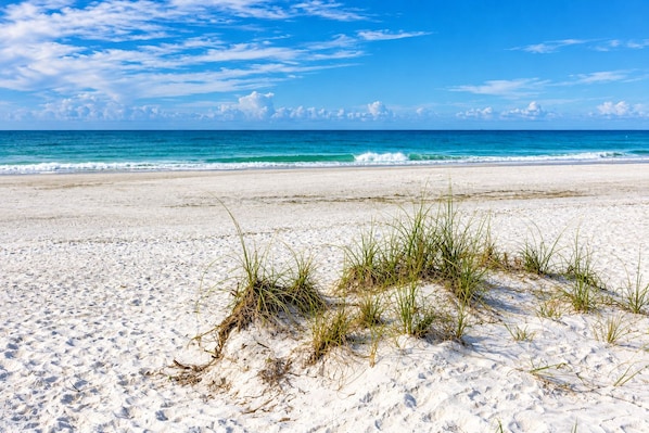 A beach with white sand and sparse grass, leading to the ocean under a clear sky.