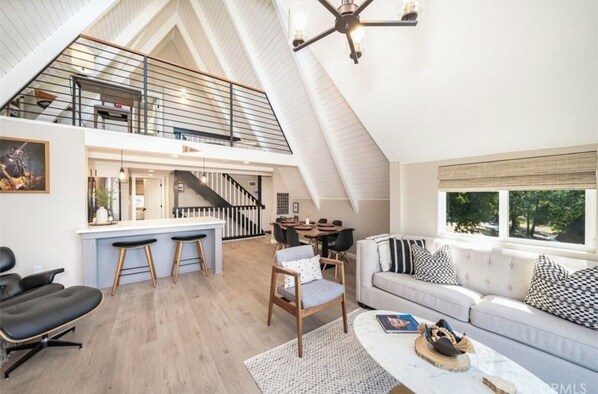 Smart TV, fireplace, books
