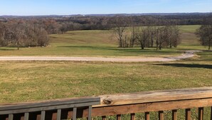 A view from a deck overlooking a grassy field with trees and a dirt path. - Charming 1-bedroom house with WiFi and AC in peaceful Mount Pleasant (Mount Pleasant)