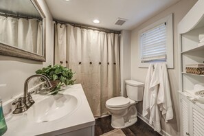 Hair dryer, towels, soap, toilet paper