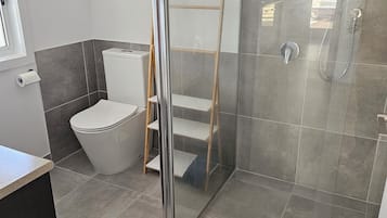 Hair dryer, towels, soap, toilet paper