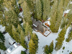 An aerial view of a cabin surrounded by tall evergreen trees, with a snow-covered roof and a small deck area. - Beautiful Homewood Retreat with Deck and Grill (Homewood)